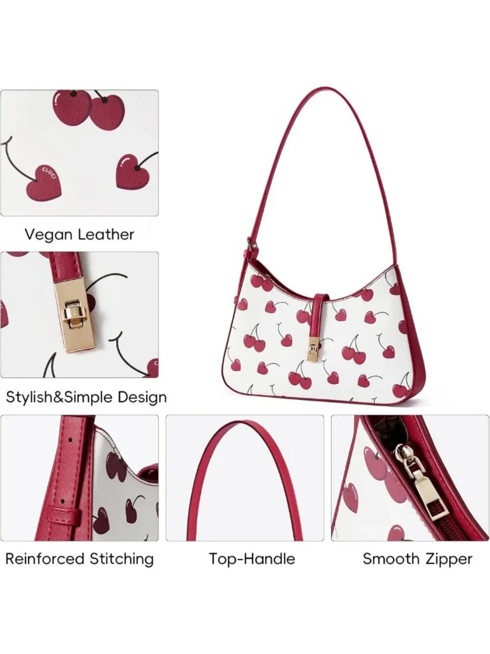 Vegan Leather Cherry Hobo Bag for Women, Adjustable Crossbody Purse, Stylish